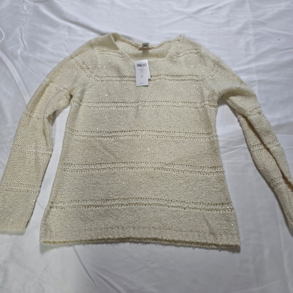 Chicos Sweetheart Bateau Sequin Sweater Ivory Cream Knit Top Size 0 NEW